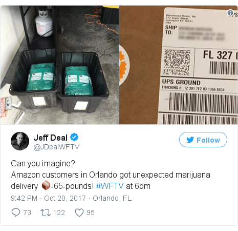 Twitter post by @JDealWFTV: Can you imagine?Amazon customers in Orlando got unexpected marijuana delivery ?-65-pounds! #WFTV at 6pm 