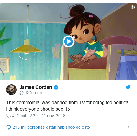 Publicación de Twitter por @JKCorden: This commercial was banned from TV for being too political. I think everyone should see it x 