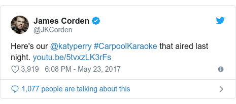 Twitter post by @JKCorden: Here's our @katyperry #CarpoolKaraoke that aired last night. 