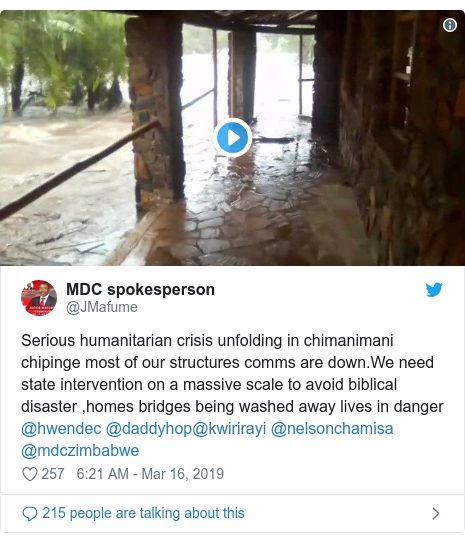 Twitter post by @JMafume: Serious humanitarian crisis unfolding in chimanimani chipinge most of our structures comms are down.We need state intervention on a massive scale to avoid biblical disaster ,homes bridges being washed away lives in danger @hwendec @daddyhop@kwirirayi @nelsonchamisa @mdczimbabwe 