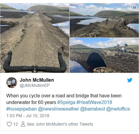 Twitter post by @JMcMullenEP: When you cycle over a road and bridge that have been underwater for 60 years #Spelga #HeatWave2018 #hosepipeban @newslineweather @barrabest @metoffice 