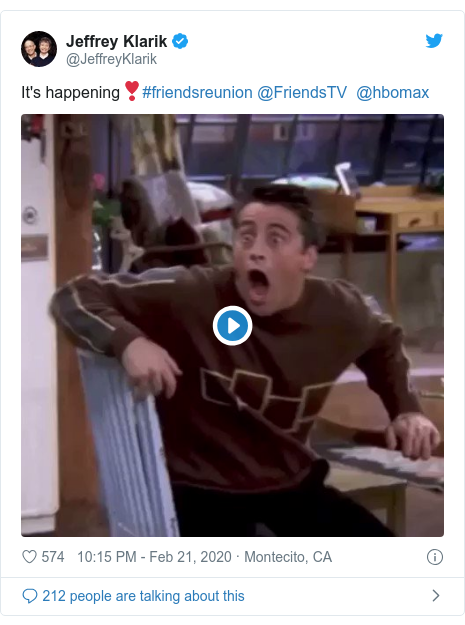 Twitter post by @JeffreyKlarik: It's happening❣️#friendsreunion @FriendsTV  @hbomax 