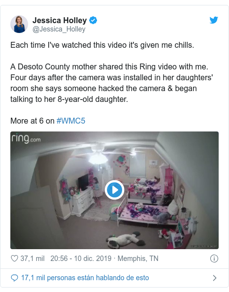 Publicación de Twitter por @Jessica_Holley: Each time I've watched this video it's given me chills. A Desoto County mother shared this Ring video with me. Four days after the camera was installed in her daughters' room she says someone hacked the camera & began talking to her 8-year-old daughter.More at 6 on #WMC5 
