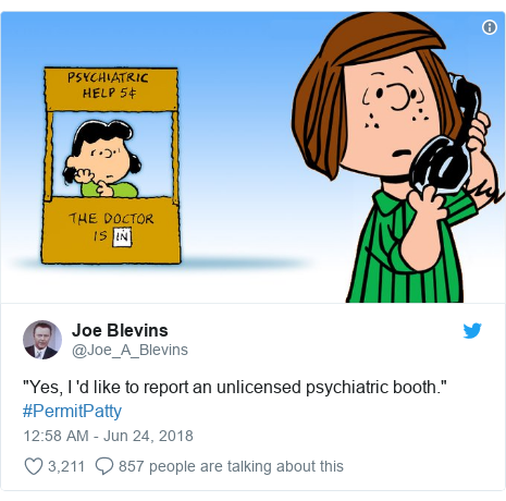 Twitter post by @Joe_A_Blevins: "Yes, I 'd like to report an unlicensed psychiatric booth." #PermitPatty 