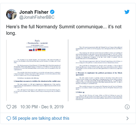 Twitter post by @JonahFisherBBC: Here’s the full Normandy Summit communique... it’s not long. 
