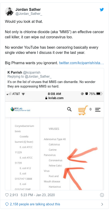 Twitter post by @Jordan_Sather_: Would you look at that.Not only is chlorine dioxide (aka “MMS”) an effective cancer cell killer, it can wipe out coronavirus too.No wonder YouTube has been censoring basically every single video where I discuss it over the last year.Big Pharma wants you ignorant. 
