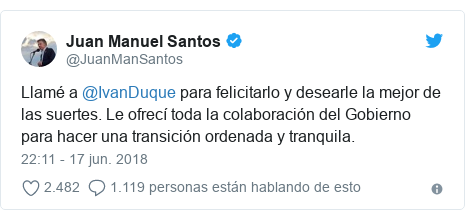 Publicación de Twitter por @JuanManSantos: Llamé a @IvanDuque para felicitarlo y desearle la mejor de las suertes. Le ofrecí toda la colaboración del Gobierno para hacer una transición ordenada y tranquila.