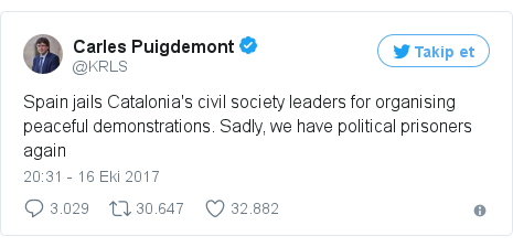 @KRLS tarafından yapılan Twitter paylaşımı: Spain jails Catalonia's civil society leaders for organising peaceful demonstrations. Sadly, we have political prisoners again