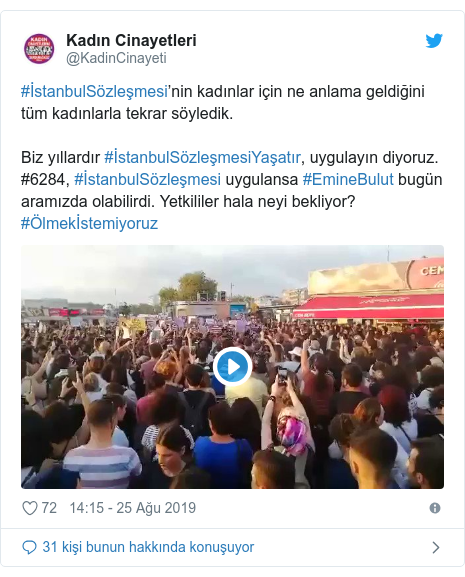@KadinCinayeti tarafından yapılan Twitter paylaşımı: #İstanbulSözleşmesi’nin kadınlar için ne anlama geldiğini tüm kadınlarla tekrar söyledik.Biz yıllardır #İstanbulSözleşmesiYaşatır, uygulayın diyoruz. #6284, #İstanbulSözleşmesi uygulansa #EmineBulut bugün aramızda olabilirdi. Yetkililer hala neyi bekliyor? #Ölmekİstemiyoruz 