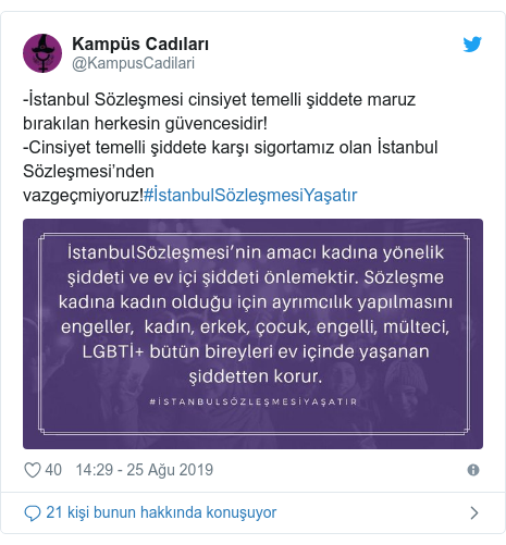 @KampusCadilari tarafından yapılan Twitter paylaşımı: -İstanbul Sözleşmesi cinsiyet temelli şiddete maruz bırakılan herkesin güvencesidir!-Cinsiyet temelli şiddete karşı sigortamız olan İstanbul Sözleşmesi’nden vazgeçmiyoruz!#İstanbulSözleşmesiYaşatır 