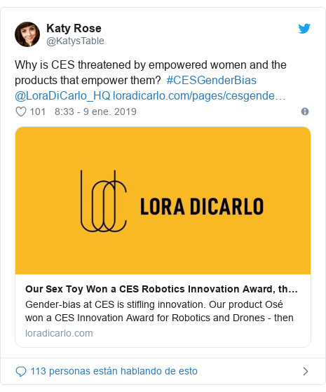 Publicación de Twitter por @KatysTable: Why is CES threatened by empowered women and the products that empower them?  #CESGenderBias @LoraDiCarlo_HQ 