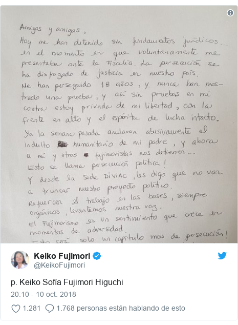 Publicación de Twitter por @KeikoFujimori: p. Keiko Sofía Fujimori Higuchi 