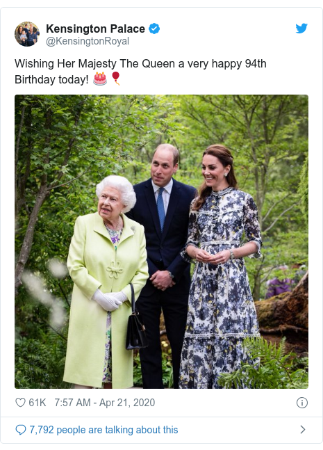 Twitter post by @KensingtonRoyal: Wishing Her Majesty The Queen a very happy 94th Birthday today! 🎂🎈 