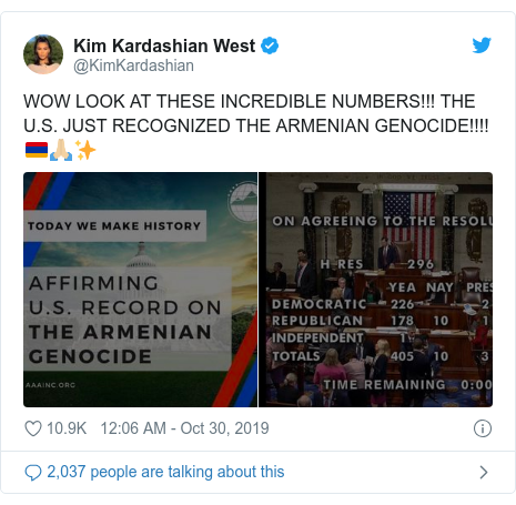 Twitter post by @KimKardashian: WOW LOOK AT THESE INCREDIBLE NUMBERS!!! THE U.S. JUST RECOGNIZED THE ARMENIAN GENOCIDE!!!! 🇦🇲🙏🏼✨ 