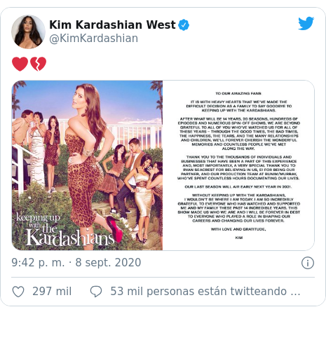 Publicación de Twitter por @KimKardashian: ❤️💔 
