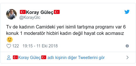 @KorayGlc tarafından yapılan Twitter paylaşımı: Tv de kadının Camideki yeri isimli tartışma programı var 6 konuk 1 moderatör hicbiri kadın değil hayat cok acımasız ?
