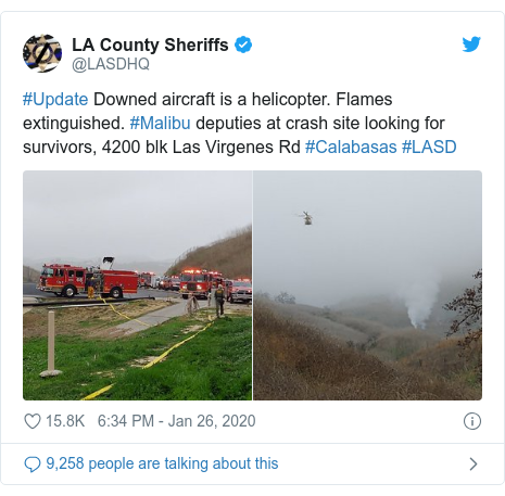 Twitter post by @LASDHQ: #Update Downed aircraft is a helicopter. Flames extinguished. #Malibu deputies at crash site looking for survivors, 4200 blk Las Virgenes Rd #Calabasas #LASD 