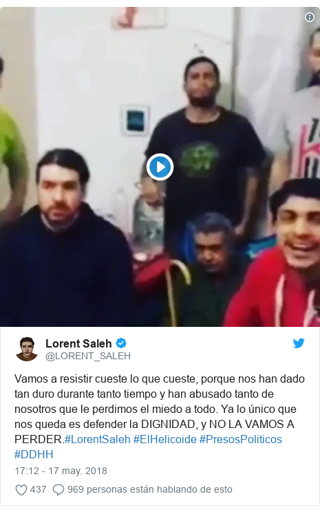 Publicación de Twitter por @LORENT_SALEH: Vamos a resistir cueste lo que cueste, porque nos han dado tan duro durante tanto tiempo y han abusado tanto de nosotros que le perdimos el miedo a todo. Ya lo único que nos queda es defender la DIGNIDAD, y NO LA VAMOS A PERDER.#LorentSaleh #ElHelicoide #PresosPoliticos #DDHH 