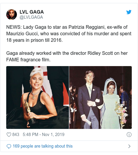 Twitter post by @LVLGAGA: NEWS Lady Gaga to star as Patrizia Reggiani, ex-wife of Maurizio Gucci, who was convicted of his murder and spent 18 years in prison till 2016.Gaga already worked with the director Ridley Scott on her FAME fragrance film. 