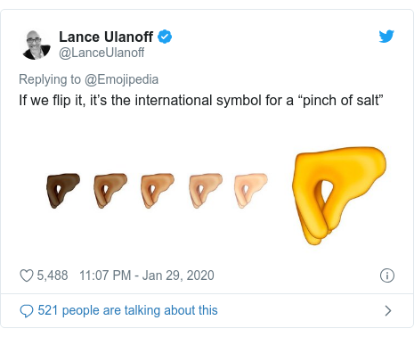 Twitter post by @LanceUlanoff: If we flip it, itâ€™s the international symbol for a â€œpinch of saltâ€ 