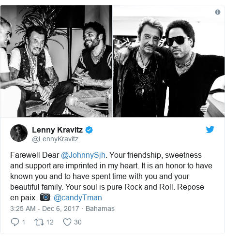 Twitter post by @LennyKravitz: Farewell Dear @JohnnySjh. Your friendship, sweetness and support are imprinted in my heart. It is an honor to have known you and to have spent time with you and your beautiful family. Your soul is pure Rock and Roll. Repose en paix. 📷  @candyTman 