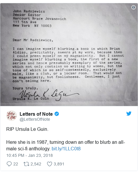 Twitter发布@LettersOfNote：RIP厄秀拉·勒·古因。 在1987年，她在这里拒绝了一个要求男性科幻选集的提议。  