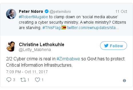Twitter post by @Letty_Mabhena: 2/2 Cyber crime is real in #Zimbabwe so Govt has to protect Critical Information Infrastructures.