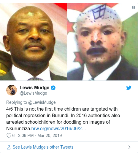 Ujumbe wa Twitter wa @LewisMudge: 4/5 This is not the first time children are targeted with political repression in Burundi. In 2016 authorities also arrested schoolchildren for doodling on images of Nkurunziza. 