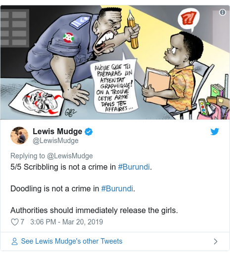 Ujumbe wa Twitter wa @LewisMudge: 5/5 Scribbling is not a crime in #Burundi. Doodling is not a crime in #Burundi. Authorities should immediately release the girls. 