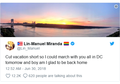 Twitter post by @Lin_Manuel: Cut vacation short so I could march with you all in DC tomorrow and boy am I glad to be back home 