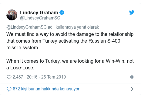 @LindseyGrahamSC tarafÄ±ndan yapÄ±lan Twitter paylaÅÄ±mÄ±: We must find a way to avoid the damage to the relationship that comes from Turkey activating the Russian S-400 missile system. When it comes to Turkey, we are looking for a Win-Win, not a Lose-Lose.