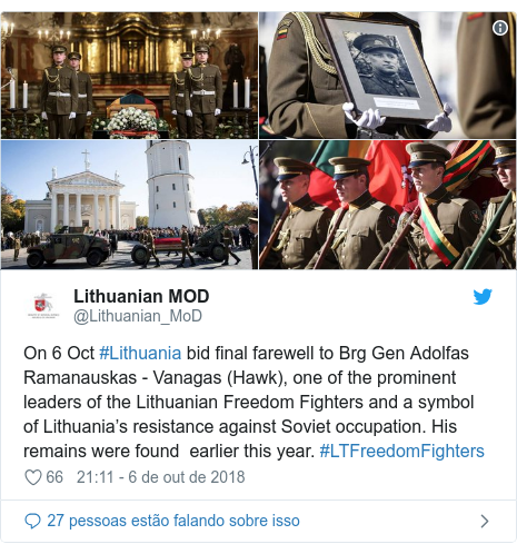 Twitter post de @Lithuanian_MoD: On 6 Oct #Lithuania bid final farewell to Brg Gen Adolfas Ramanauskas - Vanagas (Hawk), one of the prominent leaders of the Lithuanian Freedom Fighters and a symbol of Lithuania’s resistance against Soviet occupation. His remains were found  earlier this year. #LTFreedomFighters 