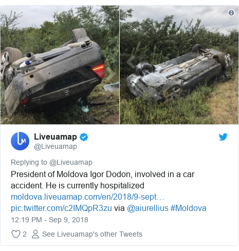 Ujumbe wa Twitter wa @Liveuamap: President of Moldova Igor Dodon, involved in a car accident. He is currently hospitalized via @aiurellius #Moldova