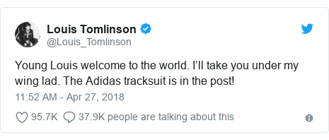 Twitter post by @Louis_Tomlinson: Young Louis welcome to the world. I’ll take you under my wing lad. The Adidas tracksuit is in the post!