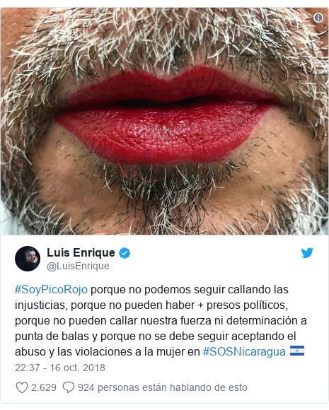 Publicación de Twitter por @LuisEnrique: #SoyPicoRojo porque no podemos seguir callando las injusticias, porque no pueden haber + presos políticos, porque no pueden callar nuestra fuerza ni determinación a punta de balas y porque no se debe seguir aceptando el abuso y las violaciones a la mujer en #SOSNicaragua ?? 