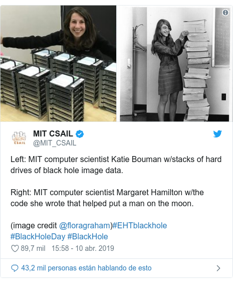 PublicaciÃ³n de Twitter por @MIT_CSAIL: Left  MIT computer scientist Katie Bouman w/stacks of hard drives of black hole image data. Right  MIT computer scientist Margaret Hamilton w/the code she wrote that helped put a man on the moon.(image credit @floragraham)#EHTblackhole #BlackHoleDay #BlackHole 