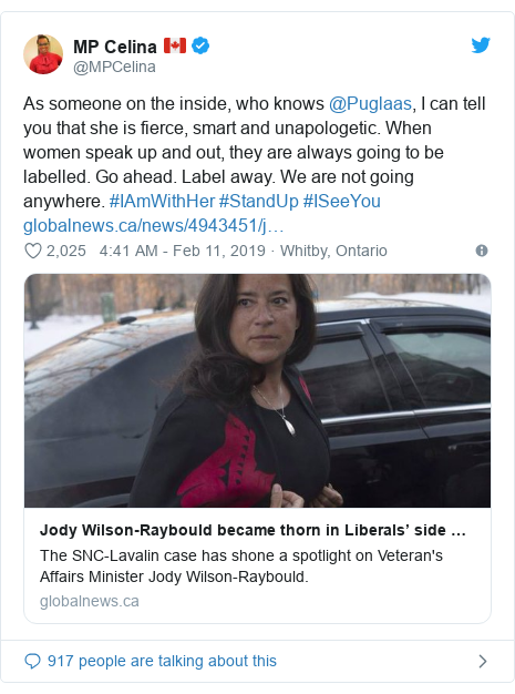 Twitter post by @MPCelina: As someone on the inside, who knows @Puglaas, I can tell you that she is fierce, smart and unapologetic. When women speak up and out, they are always going to be labelled. Go ahead. Label away. We are not going anywhere. #IAmWithHer #StandUp #ISeeYou 