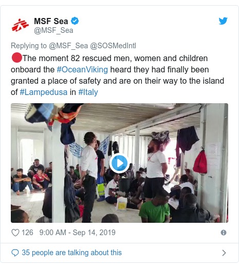 Twitter post by @MSF_Sea: 🔴The moment 82 rescued men, women and children onboard the #OceanViking heard they had finally been granted a place of safety and are on their way to the island of #Lampedusa in #Italy 