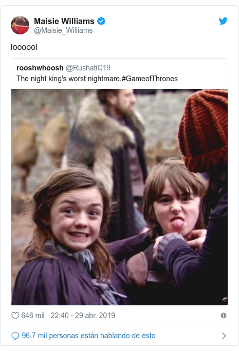 Publicación de Twitter por @Maisie_Williams: loooool 