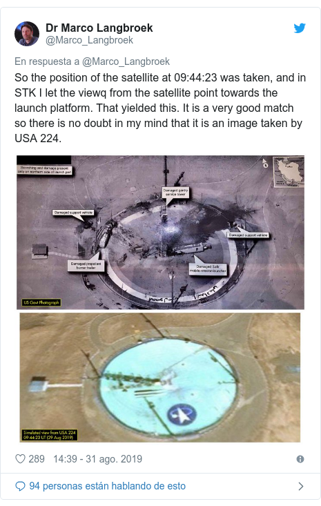 Publicación de Twitter por @Marco_Langbroek: So the position of the satellite at 09 44 23 was taken, and in STK I let the viewq from the satellite point towards the launch platform. That yielded this. It is a very good match so there is no doubt in my mind that it is an image taken by USA 224. 