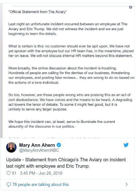 Twitter post by @MaryAnnAhernNBC: Update - Statement from Chicago’s The Aviary on incident last night with employee and Eric Trump  