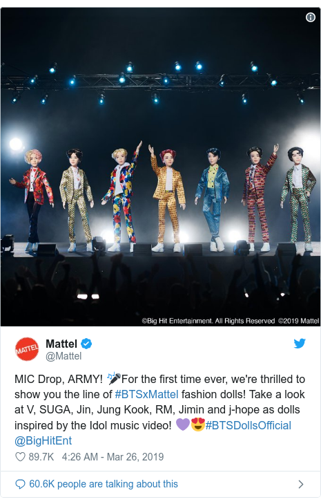Twitter post by @Mattel: MIC Drop, ARMY! ð¤For the first time ever, we're thrilled to show you the line of #BTSxMattel fashion dolls! Take a look at V, SUGA, Jin, Jung Kook, RM, Jimin and j-hope as dolls inspired by the Idol music video! ðð#BTSDollsOfficial @BigHitEnt 