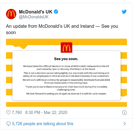 Twitter post by @McDonaldsUK: An update from McDonald’s UK and Ireland — See you soon 