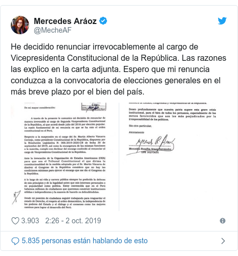 Publicación de Twitter por @MecheAF: He decidido renunciar irrevocablemente al cargo de  Vicepresidenta Constitucional de la República. Las razones las explico en la carta adjunta. Espero que mi renuncia conduzca a la convocatoria de elecciones generales en el más breve plazo por el bien del país. 