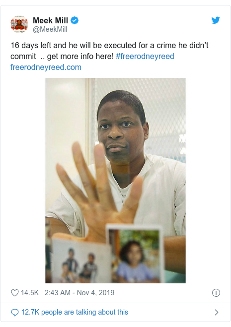 Twitter post by @MeekMill: 16 days left and he will be executed for a crime he didn’t commit  .. get more info here! #freerodneyreed  