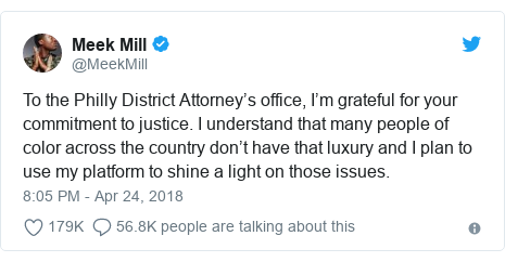 Twitter post by @MeekMill: To the Philly District Attorney’s office, I’m grateful for your commitment to justice. I understand that many people of color across the country don’t have that luxury and I plan to use my platform to shine a light on those issues.