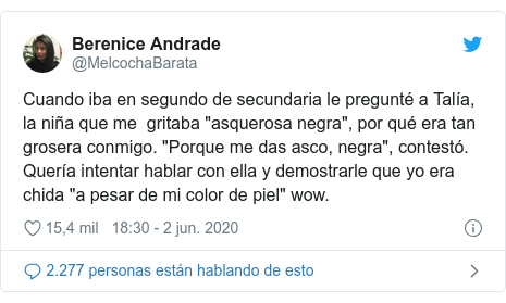 Publicación de Twitter por @MelcochaBarata: Cuando iba en segundo de secundaria le pregunté a Talía, la niña que me gritaba 
