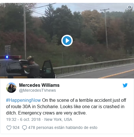 Publicación de Twitter por @MercedesTVnews: #HappeningNow On the scene of a terrible accident just off of route 30A in Schoharie. Looks like one car is crashed in ditch. Emergency crews are very active. 