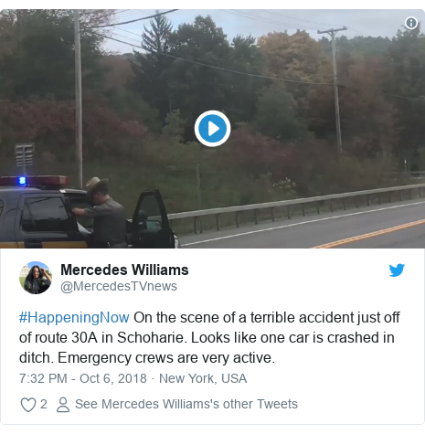 Twitter post by @MercedesTVnews: #HappeningNow On the scene of a terrible accident just off of route 30A in Schoharie. Looks like one car is crashed in ditch. Emergency crews are very active. 