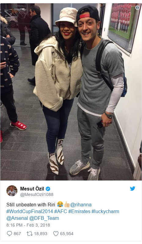 Twitter post by @MesutOzil1088: Still unbeaten with Riri 😂👍🏼@rihanna #WorldCupFinal2014 #AFC #Emirates #luckycharm @Arsenal @DFB_Team 